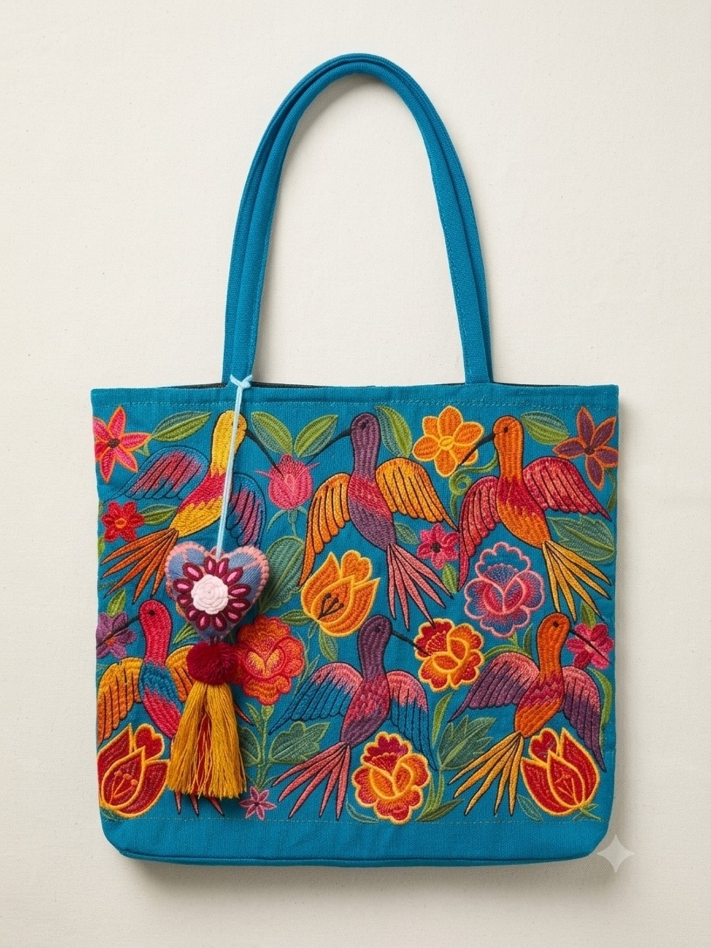 Teal Embroidered Bird Tote Bag